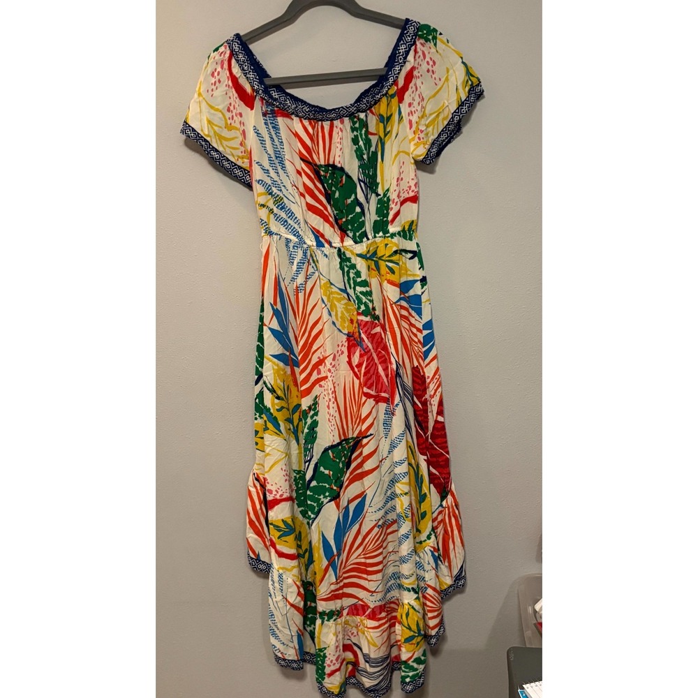 Flying Tomato Maxi Dress Womens L Multi Tropical Leaf High Low Off the Shoulder - Picture 6 of 6